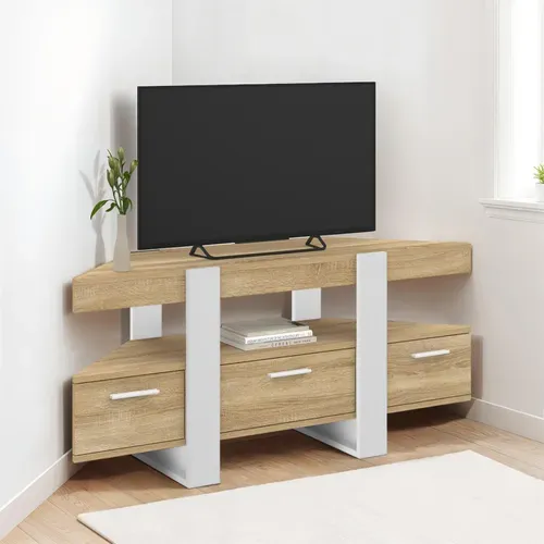 Meuble TV 110 Cm D'angle Phoenix Avec Tiroir Bois Et Blanc