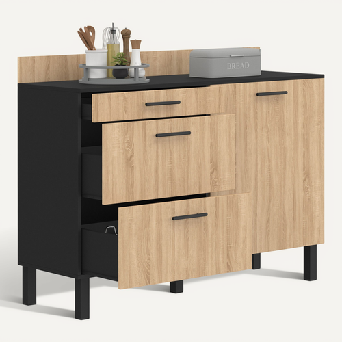 Buffet Bas Casserolier De Cuisine 120 Cm Cina Plan De Travail H.83 Cm 1 Porte + 3 Tiroirs Noir Et Fa