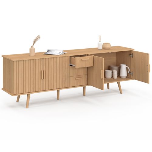 Buffet 180 Cm Juliette XXL 4 Portes Et 3 Tiroirs Effet Lattes Tasseau Bois