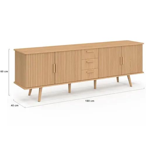 Buffet 180 Cm Juliette XXL 4 Portes Et 3 Tiroirs Effet Lattes Tasseau Bois