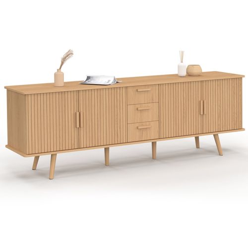 Buffet 180 Cm Juliette XXL 4 Portes Et 3 Tiroirs Effet Lattes Tasseau Bois