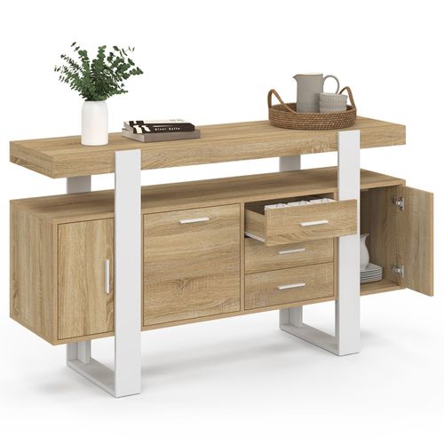 Buffet 140 Cm Phoenix 3 Portes Et 3 Tiroirs Bois Et Blanc