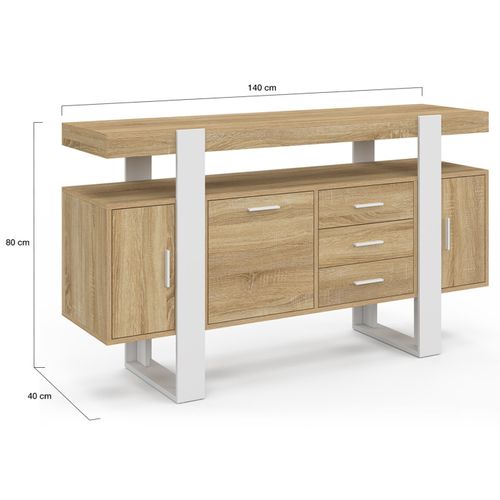 Buffet 140 Cm Phoenix 3 Portes Et 3 Tiroirs Bois Et Blanc