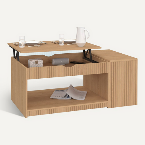 Table Basse Plateau Relevable Rectangulaire Juliette Avec Coffre Lattes Tasseau Bois Coloris Chêne