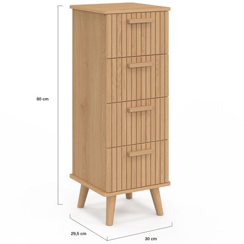 Meuble D'appoint 4 Tiroirs Juliette 30 Cm Chiffonnier Effet Lattes Tasseau Bois Coloris Chêne