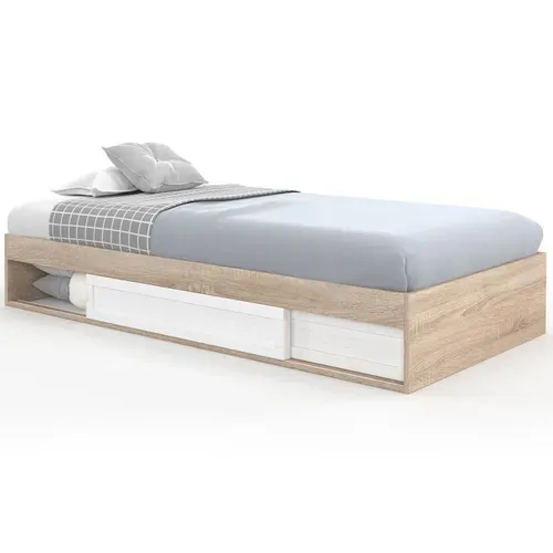 Cadre De Lit Simple Salem Avec Rangement Et Sommier 90 X 190 Cm Façon Hêtre Et Blanc