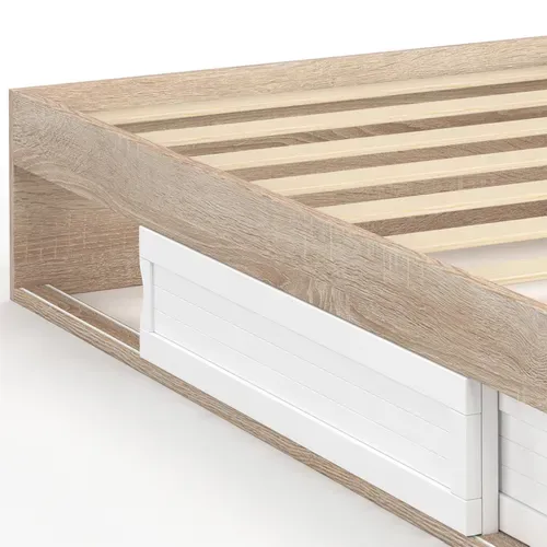 Cadre De Lit Simple Salem Avec Rangement Et Sommier 90 X 190 Cm Façon Hêtre Et Blanc