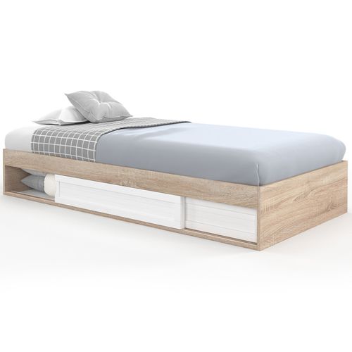 Cadre De Lit Simple Salem Avec Rangement Et Sommier 90 X 190 Cm Façon Hêtre Et Blanc
