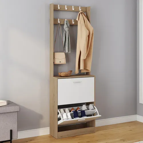 Vestiaire D'entrée Klark Meuble Chaussures 2 Portes Effet Bois Et Blanc