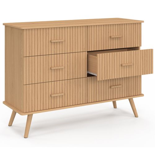 Commode 6 Tiroirs Juliette 110 Cm Effet Lattes Tasseau Bois Coloris Chêne