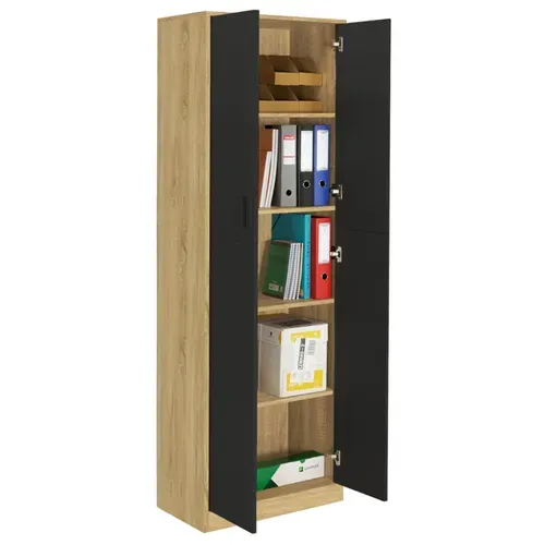 Armoire De Bureau 190 Cm Multifonction Maria Bois Et Noir 2 Portes 4 Étagères