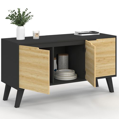 Buffet Bas Scandinave 113 Cm Finn 3 Portes Noir Et Bois Façon Hêtre