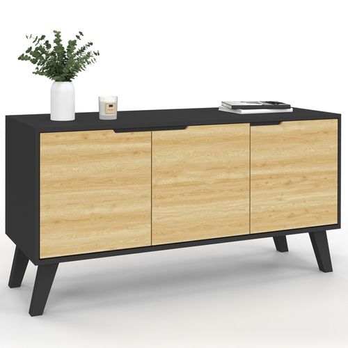 Buffet Bas Scandinave 113 Cm Finn 3 Portes Noir Et Bois Façon Hêtre