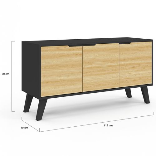 Buffet Bas Scandinave 113 Cm Finn 3 Portes Noir Et Bois Façon Hêtre