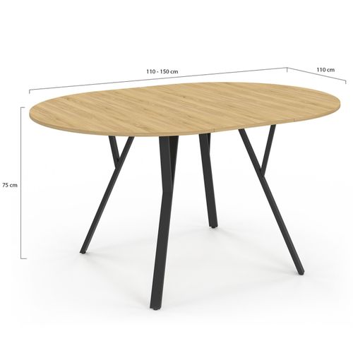 Table à Manger Extensible Ronde Yseult 4-8 Personnes Bois Et Noir Design Industriel  110-150 Cm