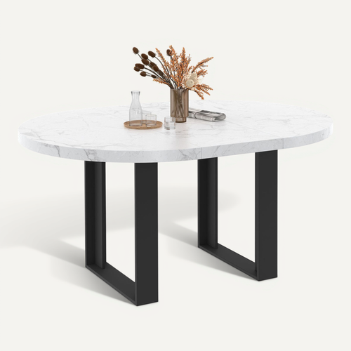 Table à Manger Extensible Ronde Phoenix 4-6 Personnes Plateau Effet Marbre Blanc Alaska 110-150 Cm
