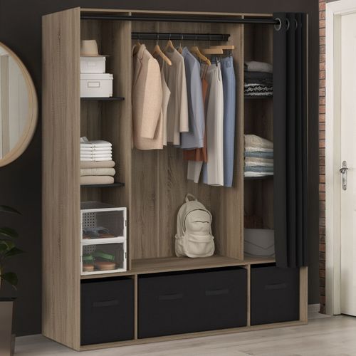 Dressing Penderie Diane 140 X 45 X 167 Cm Hêtre Avec Étagères + Boites De Rangement + Rideau Noir
