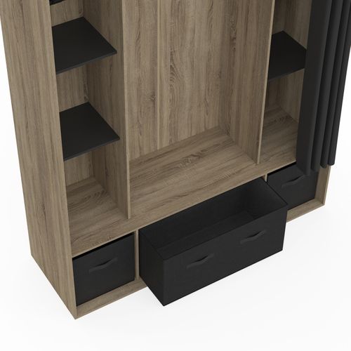 Dressing Penderie Diane 140 X 45 X 167 Cm Hêtre Avec Étagères + Boites De Rangement + Rideau Noir