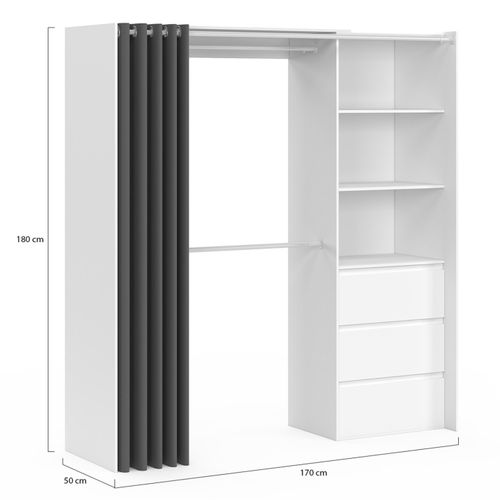 Dressing Extensible Marty 120/170 X 50 X 180 Cm Blanc Avec 3 Tiroirs + étagères + Double Penderie +