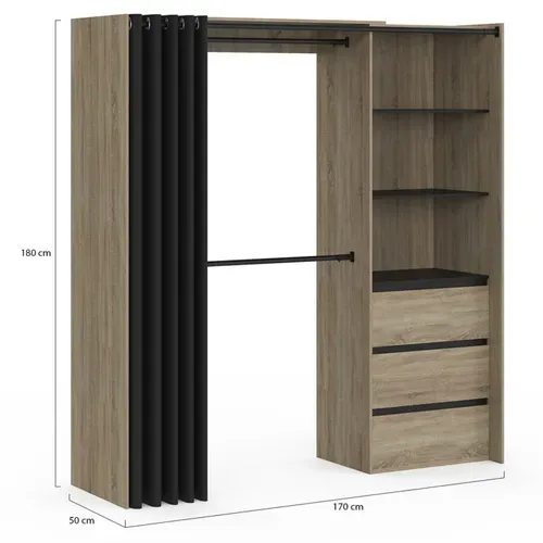 Dressing Extensible Marty 120/170 X 50 X 180 Cm Hêtre Avec 3 Tiroirs + étagères + Double Penderie +