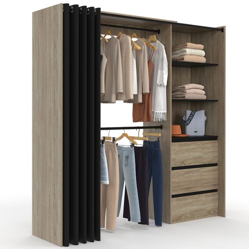 Dressing Extensible Marty 120/170 X 50 X 180 Cm Hêtre Avec 3 Tiroirs + étagères + Double Penderie +