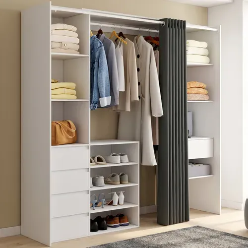 Dressing Extensible Double XXL Meryl 120/180 Cm Blanc Avec Tiroirs + étagères + Penderie + Rideau Gr