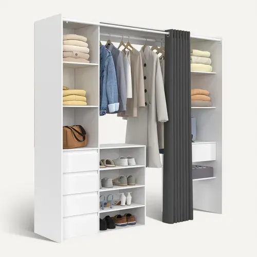 Dressing Extensible Double XXL Meryl 120/180 Cm Blanc Avec Tiroirs + étagères + Penderie + Rideau Gr
