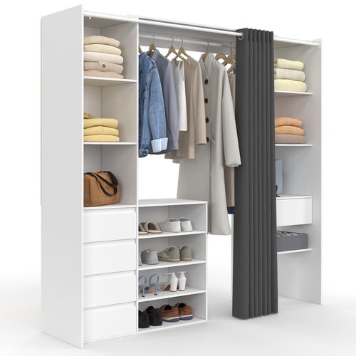 Dressing Extensible Double XXL Meryl 120/180 Cm Blanc Avec Tiroirs + étagères + Penderie + Rideau Gr