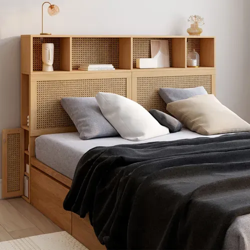 Tête De Lit Edhen 145 Cm Avec Rangements Fermés Et Niches Cannage Et Bois