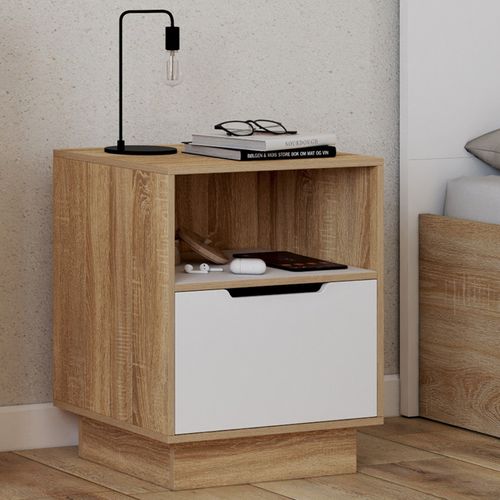 Lot De 2 Tables De Chevet Oxana 1 Tiroir Avec Niche Blanc Et Façon Hêtre