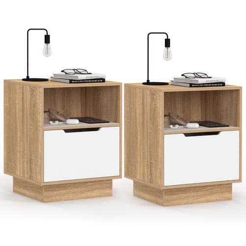 Lot De 2 Tables De Chevet Oxana 1 Tiroir Avec Niche Blanc Et Façon Hêtre