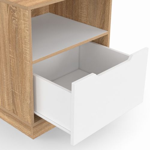 Lot De 2 Tables De Chevet Oxana 1 Tiroir Avec Niche Blanc Et Façon Hêtre