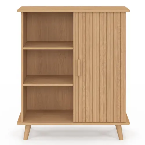 Buffet D'appoint 3 Étagères Et Placard 70 Cm Juliette Effet Lattes Tasseau Bois