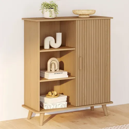 Buffet D'appoint 3 Étagères Et Placard 70 Cm Juliette Effet Lattes Tasseau Bois