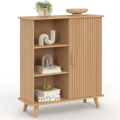 Buffet D'appoint 3 Étagères Et Placard 70 Cm Juliette Effet Lattes Tasseau Bois