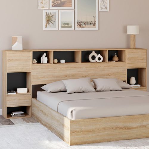 Tête De Lit Sur Pied Campha 240 Cm Avec Chevets Tiroir + Placards + Niches Bois Et Noir