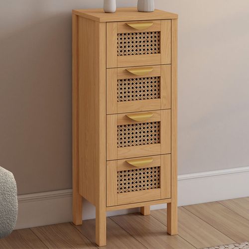 Meuble D'appoint 4 Tiroirs Edhen 30 Cm Chiffonnier Bois Et Cannage Pour Entrée Salle De Bain