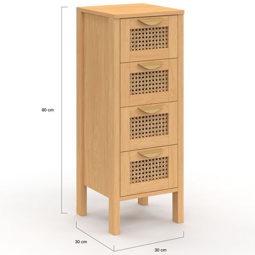 Meuble D'appoint 4 Tiroirs Edhen 30 Cm Chiffonnier Bois Et Cannage Pour Entrée Salle De Bain