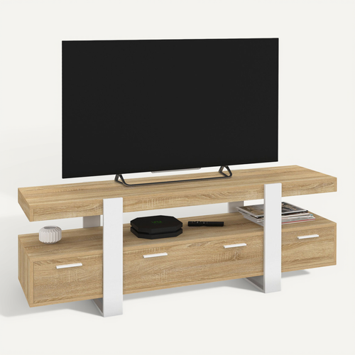 Meuble TV 140 Cm Phoenix Avec Tiroirs Bois Et Blanc