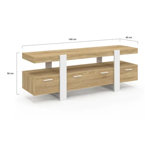 Meuble TV 140 Cm Phoenix Avec Tiroirs Bois Et Blanc