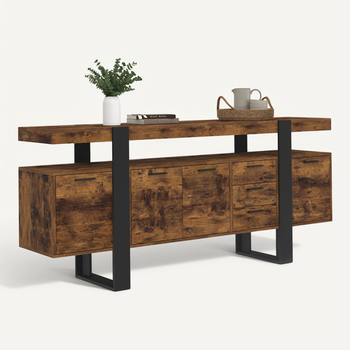 Buffet 180 Cm Phoenix XXL 4 Portes Avec 3 Tiroirs Bois Effet Vieilli Et Noir