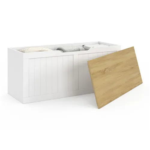 Banc Coffre Rangement 100 Cm Leon Bois Et Blanc
