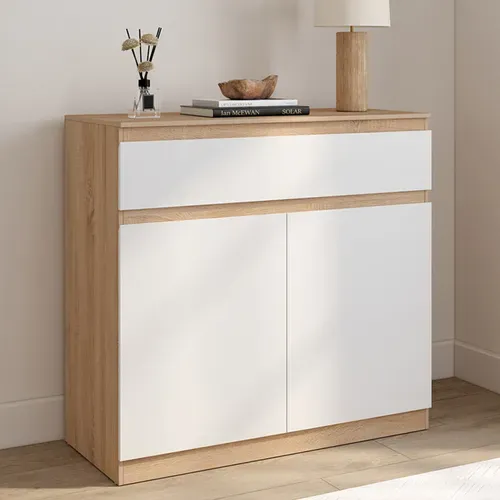 Armoire à Chaussures 12 Paires Tomi 2 Portes Et 1 Tiroir Façon Hêtre Et Blanc