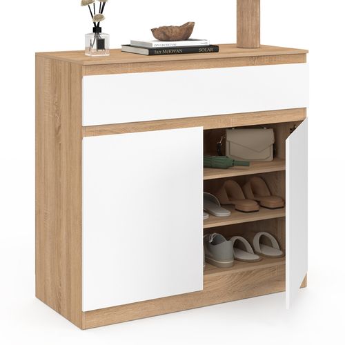 Armoire à Chaussures 12 Paires Tomi 2 Portes Et 1 Tiroir Façon Hêtre Et Blanc