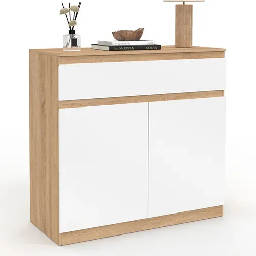 Armoire à Chaussures 12 Paires Tomi 2 Portes Et 1 Tiroir Façon Hêtre Et Blanc