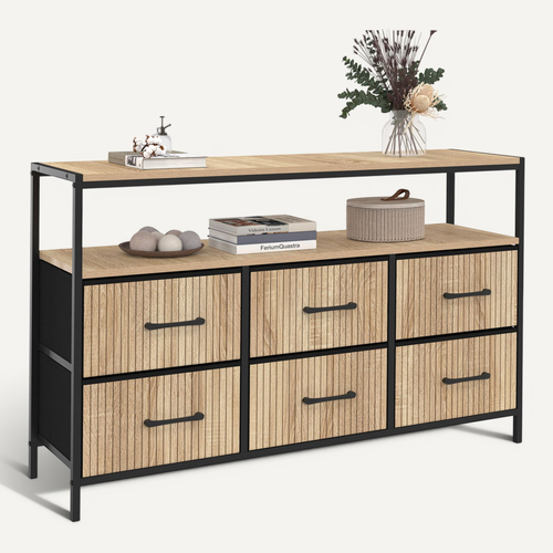 Commode 6 Tiroirs En Tissu Utah 115 Cm Avec Niche Effet Lattes Meuble De Rangement Design Industriel