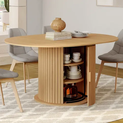 Table À Manger Extensible Ronde Juliette 4-8 Personnes Pied Lattes Avec Rangement 110-150 Cm