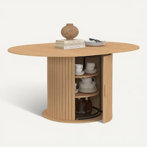 Table À Manger Extensible Ronde Juliette 4-8 Personnes Pied Lattes Avec Rangement 110-150 Cm