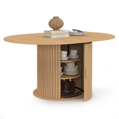Table À Manger Extensible Ronde Juliette 4-8 Personnes Pied Lattes Avec Rangement 110-150 Cm