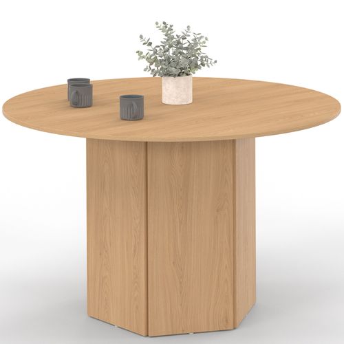 Table à Manger Ronde Berthe 6 Personnes Pied Hexagonal Bois Effet Hêtre 110 Cm